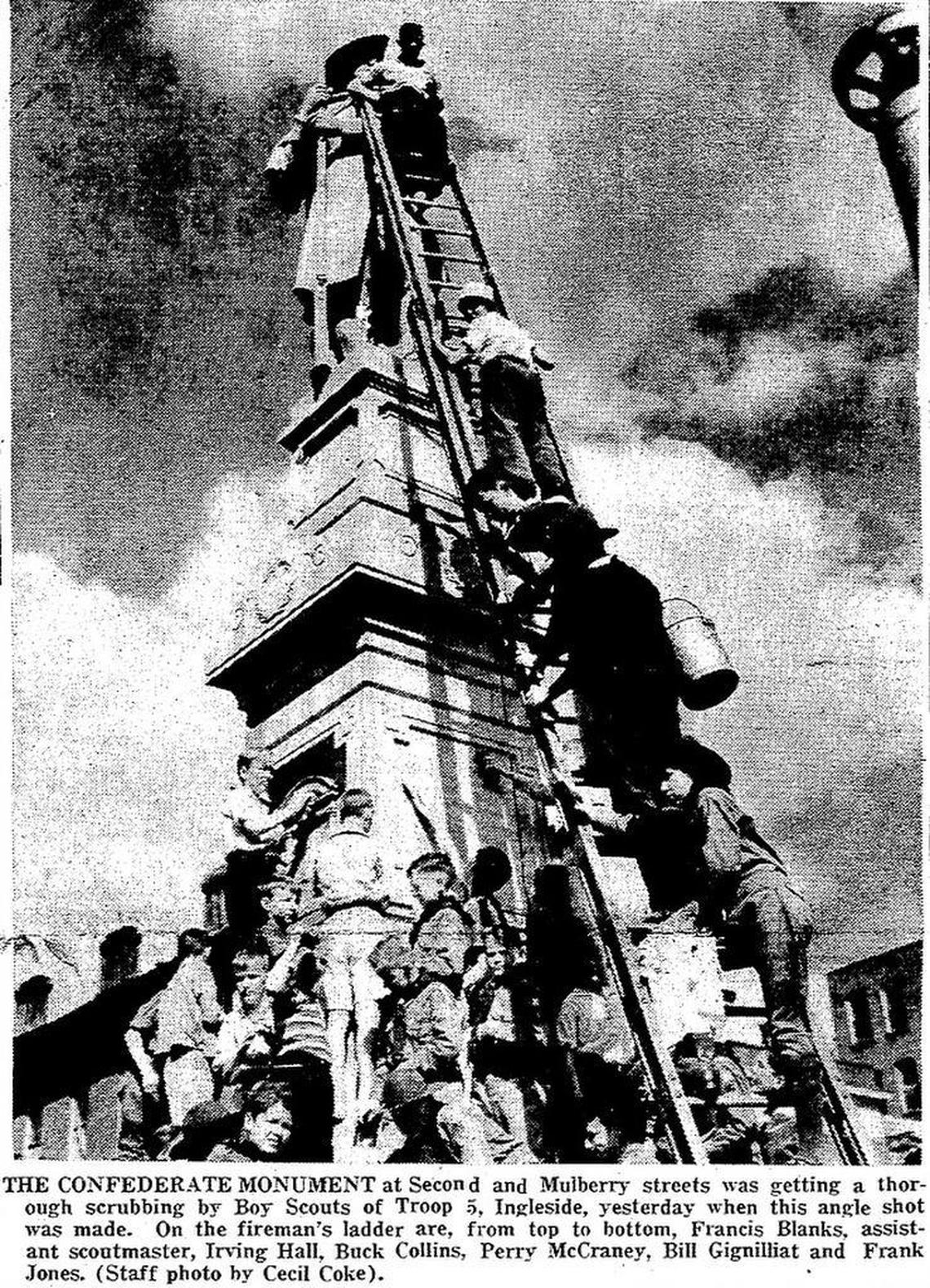 A photograph from 1938 when Macon Boy Scouts cleaned the Confederate monument when it was on Mulberry Street in downtown.