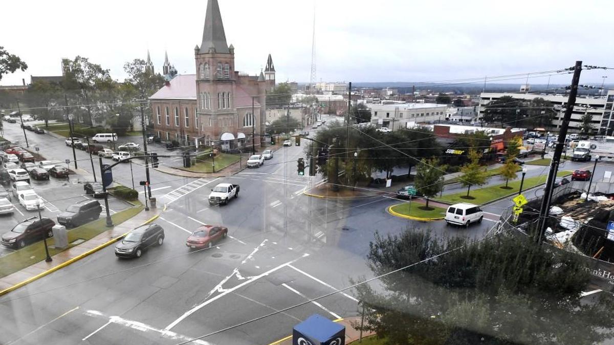 A roundabout could be constructed at the intersection of Forsyth Street, Pine Street and Spring Street near the Navicent Health downtown complex.