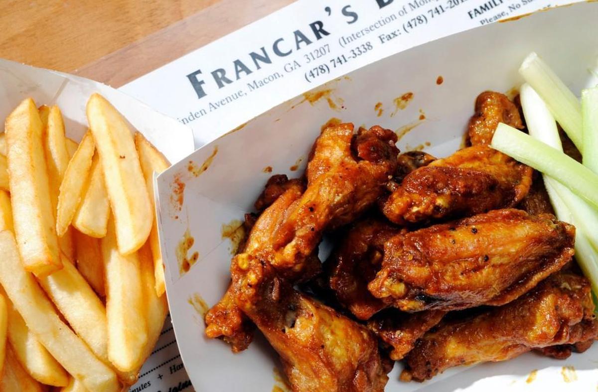 Wings, fries and a drink at Francar’s Buffalo Wings in Mercer Village.