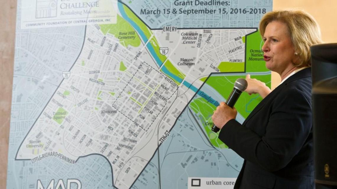 Kathryn Hills Dennis announces the Community Foundation of Central Georgia’s new $3 million Downtown Challenge grant at Terminal Station Jan. 26.