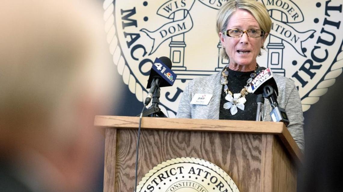 PACE Center for Girls President and CEO Mary Marx speaks at a press conference to announce a $150,000 commitment from Macon-Bibb County District Attorney David Cooke to help bring the program to Macon-Bibb County.