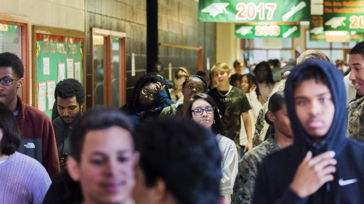 Students wall through a hallway during a change in classes recently at Rutland High School.