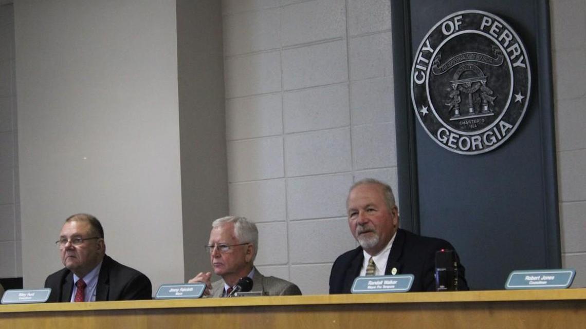 Perry Mayor Jimmy Faircloth speaks at the City Council meeting on Tuesday after the council voted to name Bryan Wood the new community development director.