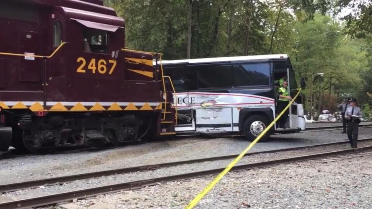 A train collided with a Georgia Military College tour bus in Swain County, North Carolina, on Aug. 22, 2017, as seen in this screen shot from a video on WLOS-TV.