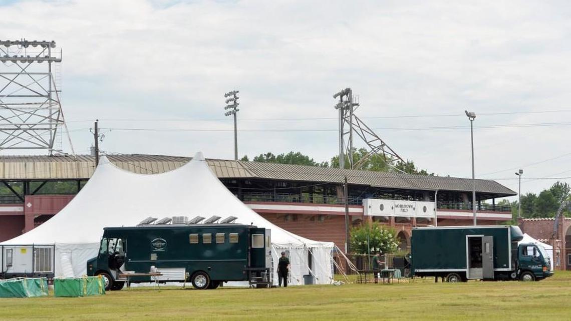 ``Brockmire'' producers pitched their tents outside Luther Williams Field where they have turned the historic baseball stadium into a set for the new Netflix series set in Morristown, Pennsylvania. At least 75 people were working inside the stadium Wednesday where filming is set to start soon.