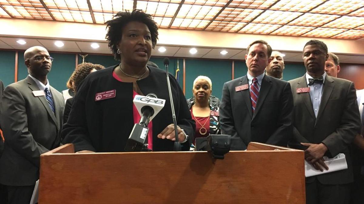 Georgia House Minority Leader Stacey Abrams, D-Atlanta, standing with fellow state House Democrats, announced a list of 35 bills the party wants to pass this year relating to health care, employment and more. In a GOP-dominated state Legislature, they are calling on the public to get involved if they want to see change and call their lawmakers.