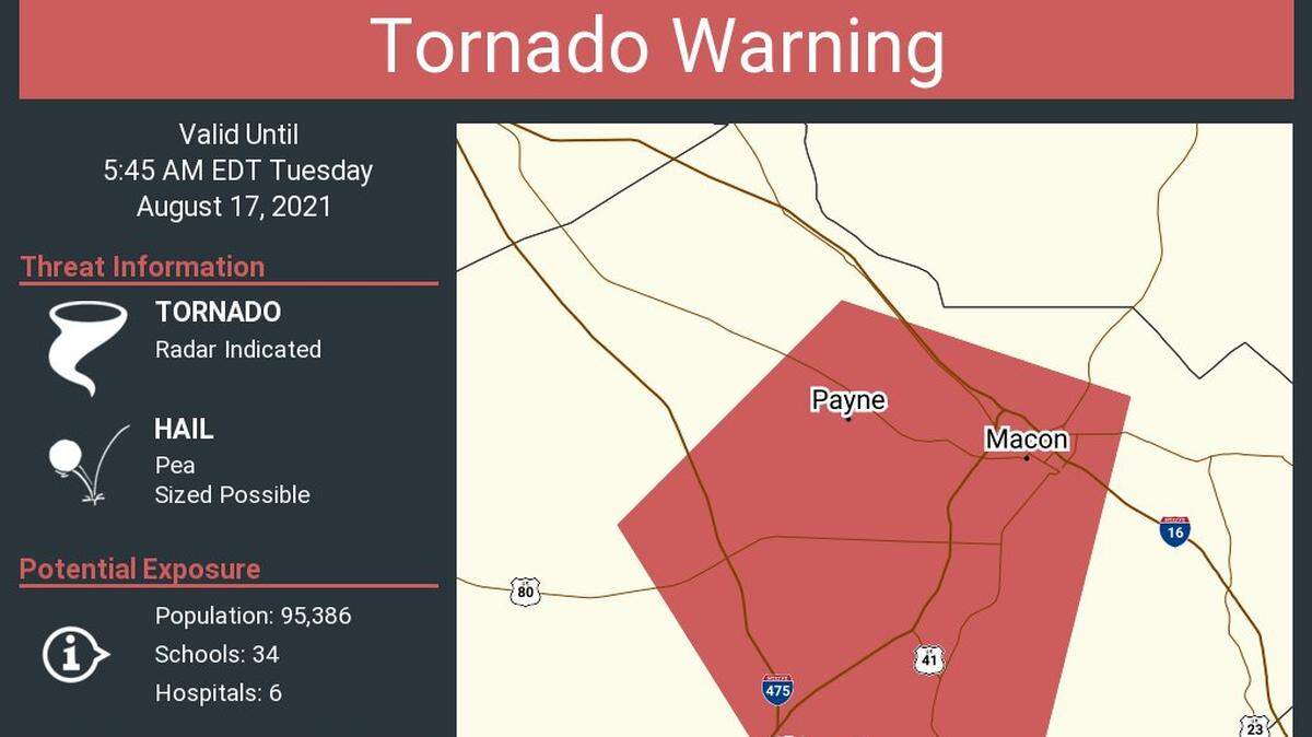 A tornado warning has been issues for Macon until 5:45 a.m. Tuesday.
