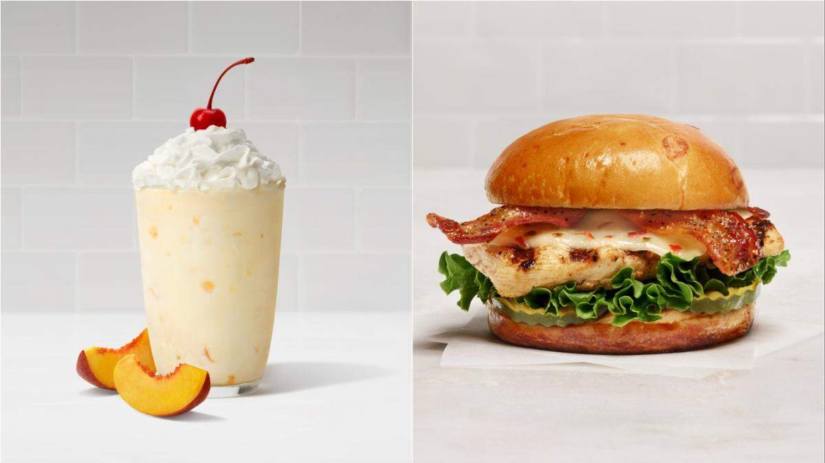 Chick-fil-A’s peach milkshake and new maple pepper bacon sandwich will appear on the restaurant’s menu this summer, while supplies last.
