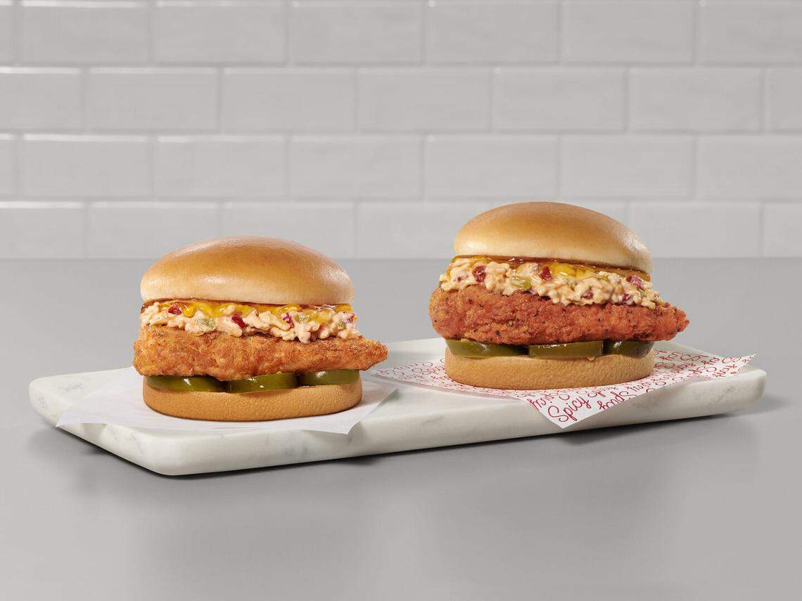 A spin on Chick-fil-A’s original chicken sandwich, the honey pepper pimento chicken features honey, pimento cheese and pickled jalapenos.