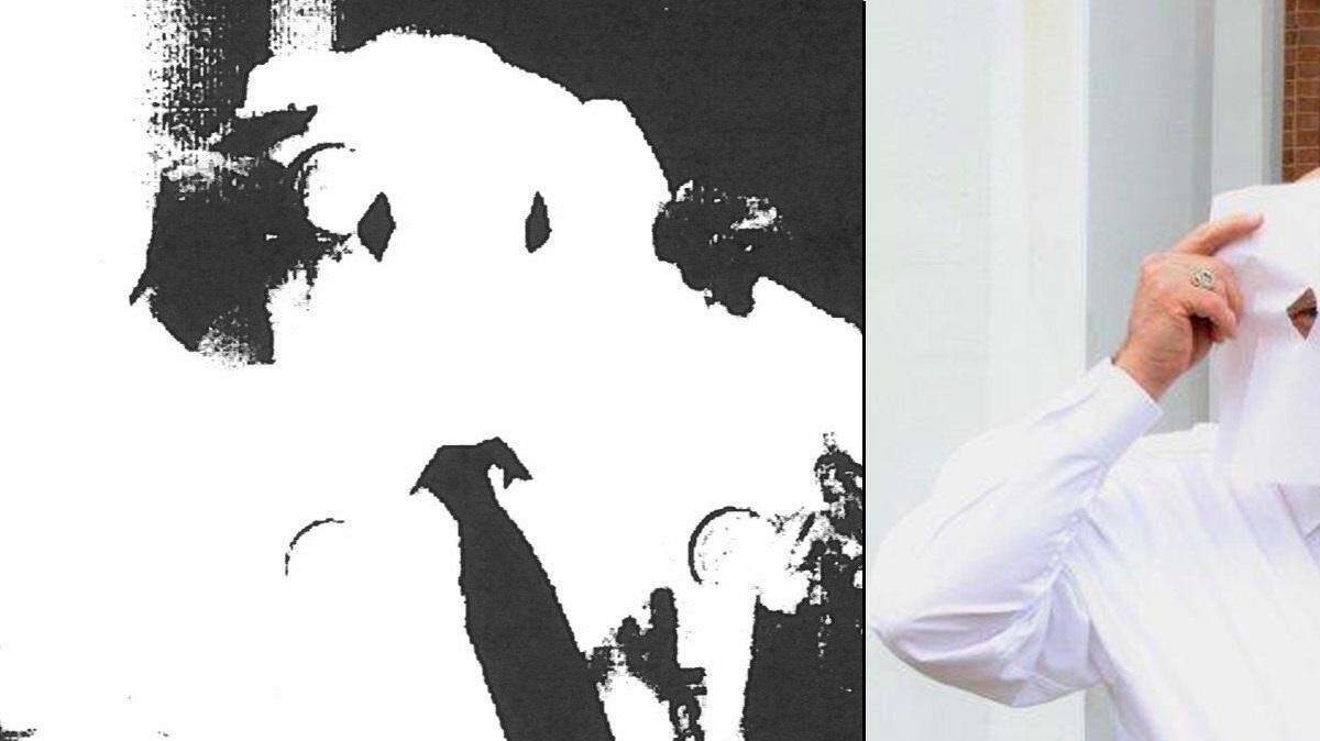 The photocopy on the left is included in court documents in a lawsuit in which Timothy Rivers claims Bibb County Sheriff David Davis is part of the Ku Klux Klan. Davis provided the picture on the right. He said candid photos were being taken and drug investigators did not want to be photographed. He said he jokingly passed out paper towels as masks and held up one with two eyes cut out to cover his face.