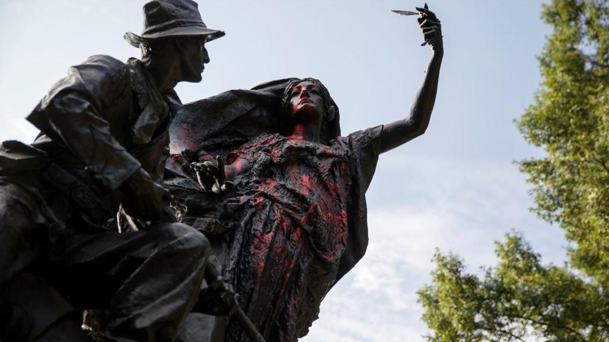 A statue depicting a Confederate soldier in Piedmont Park in Atlanta was vandalized with spray paint Aug. 14, 2017.