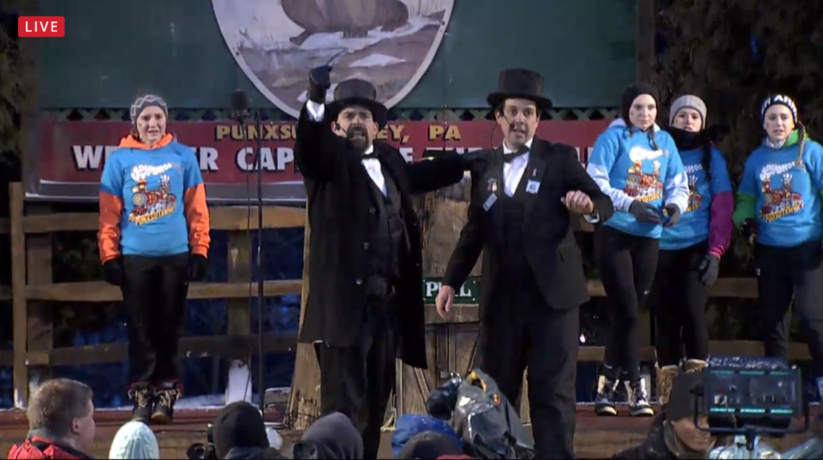 Performers and officials celebrate Groundhog Day in Punxatawney in 2018