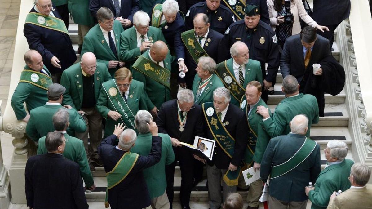 Savannah St. Patrick's Day Parade Committee members, conspicuously dressed in their favorite colors, make their rounds at the Capitol Monday where they received proclamations from the House, Senate and the Governor's office. Parade Grand Marshal Dennis Counihan and his Aides invited the rest of the state to enjoy their celebration of Irish heritage this week and particularly the parade Friday before their sea of green headed back to Savannah.