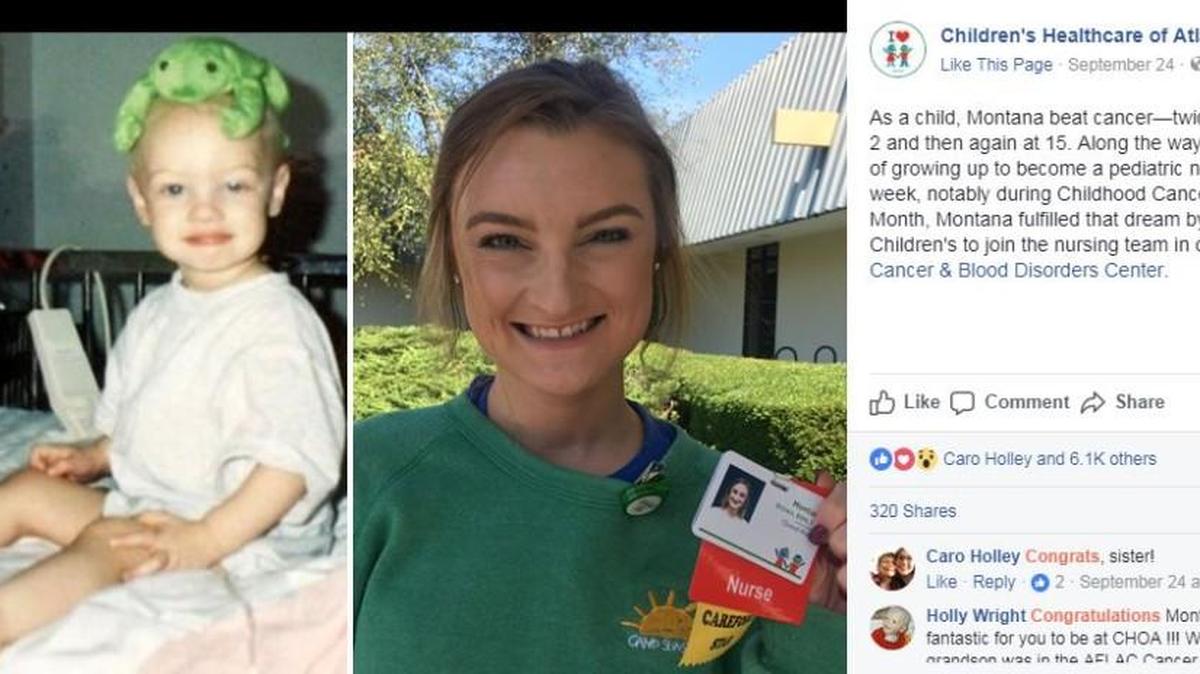 Montana Brown beat cancer at the ages of 2 and 15 with help from the Children’s Healthcare of Atlanta. This week, the hospital posted on its Facebook page that Brown would be returning, only this time as a nurse in the Aflac Cancer & Blood Disorders Center.