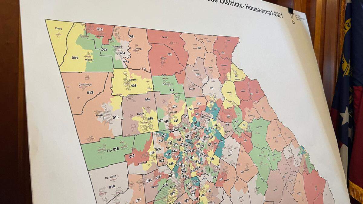A proposed map of Georgia’s 180 state House districts sits outside the chamber before lawmakers approved it on a mostly-party line vote in 2021.