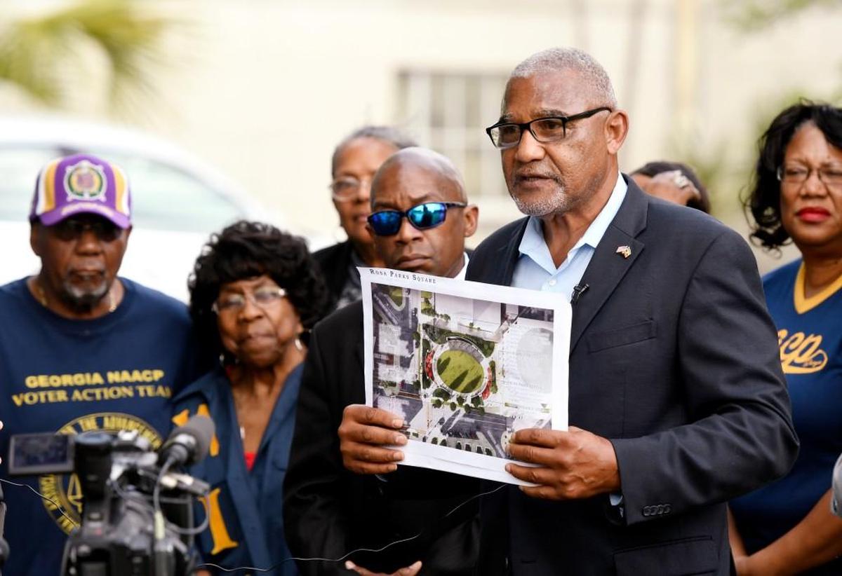 Former Macon Mayor C. Jack Ellis holds a press conference at Rosa Parks Square to oppose a beer festival being held at the Park Saturday.