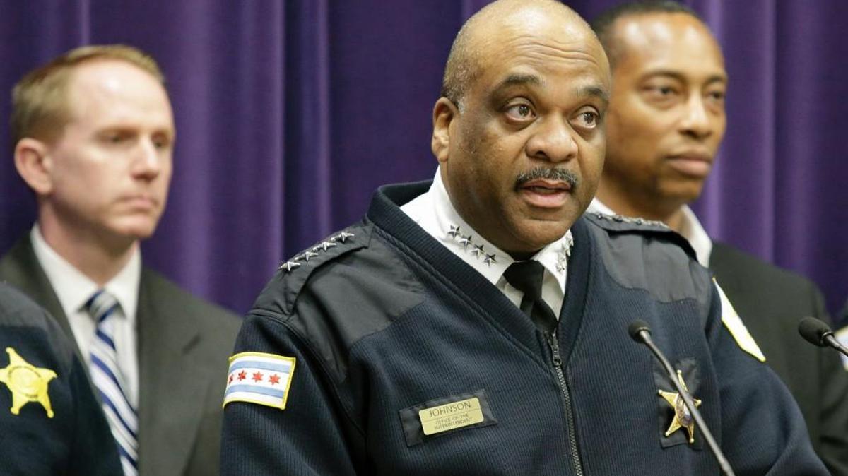 Chicago Police Department Superintendent Eddie Johnson speaks during a news conference Wednesday, April 5, 2017, in Chicago. Police announced that Maurice Harris has been charged with four counts of first-degree murder in the fatal shootings of four men at or near a Chicago restaurant, on March 30, 2017. Harris who is charged in the likely gang-related killings of the four men on Chicago's South Side had lost his father in another shooting a day earlier in the same neighborhood.