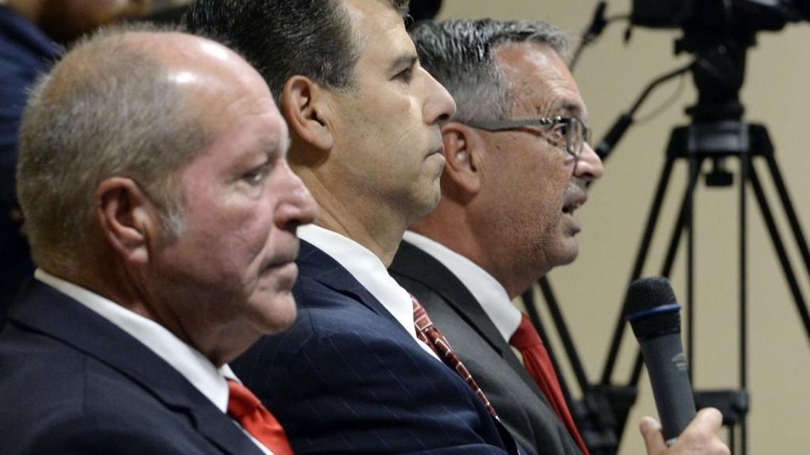 Warner Robins mayoral candidates, from left, Joe Musselwhite, Chuck Shaheen and Randy Toms responded to questions during a forum Tuesday evening attended by more than 200 people at Central Georgia Technical College.