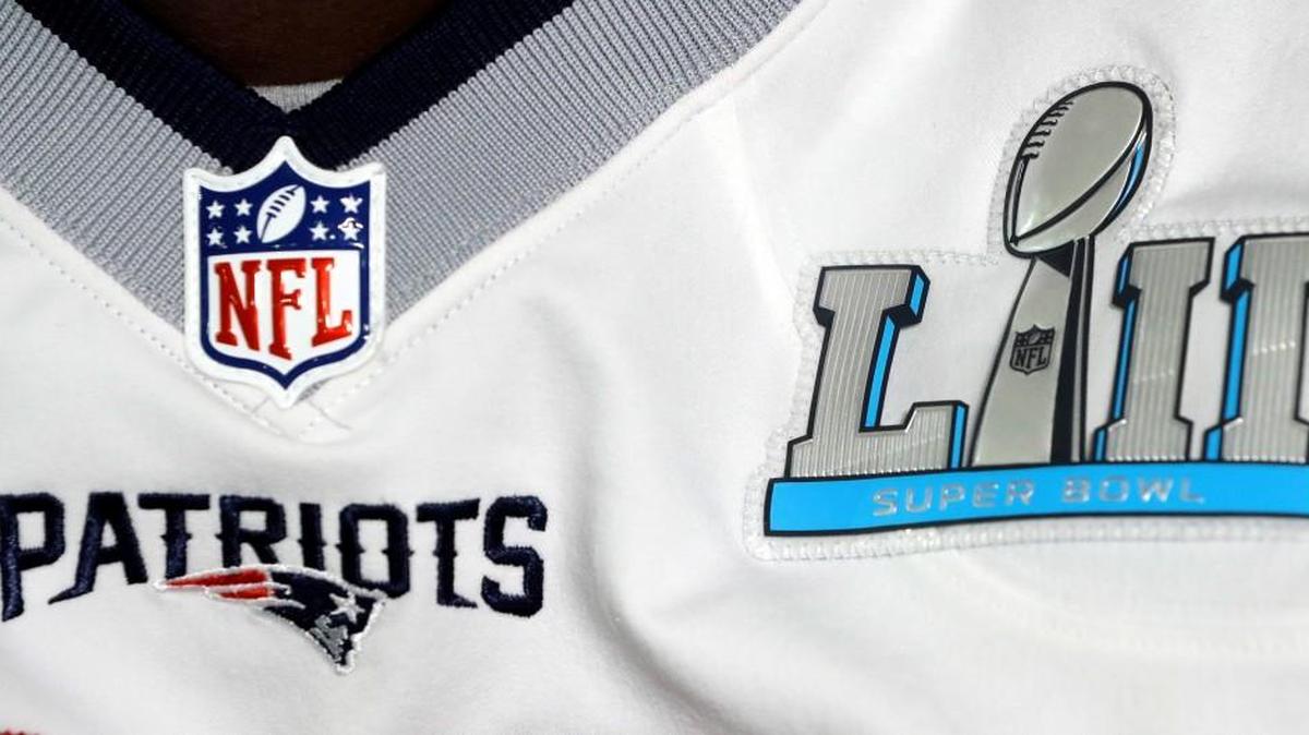 The Super Bowl 52 logo is worn on the jersey of New England Patriots free safety Devin McCourty as McCourty answers questions during a news conference Wednesday in Minneapolis. The Patriots are scheduled to face the Philadelphia Eagles in the NFL Super Bowl 52 football game Sunday.