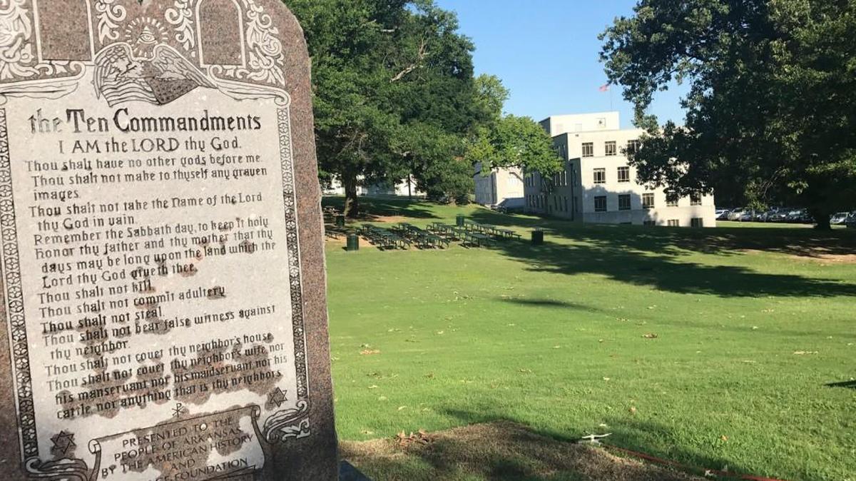 A 6-foot-tall privately funded Ten Commandments monument is seen on the Arkansas Capitol grounds.
