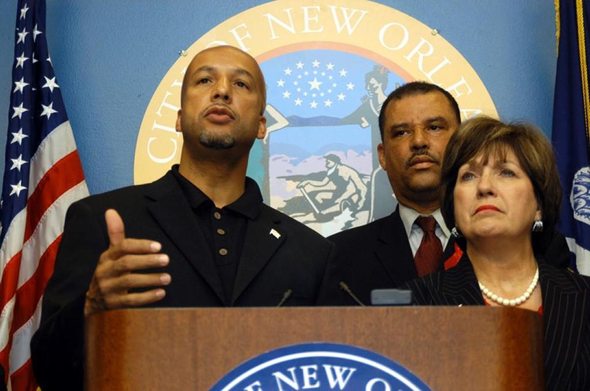 New Orleans Mayor C. Ray Nagin, left, Councilman Oliver Thomas and Louisiana Gov. Kathleen Blanco speak during a news conference about Hurricane Katrina, Saturday, Aug. 27, 2005, two days before the storm made landfall in Louisiana. Nagin declared a mandatory evacuation the next day.