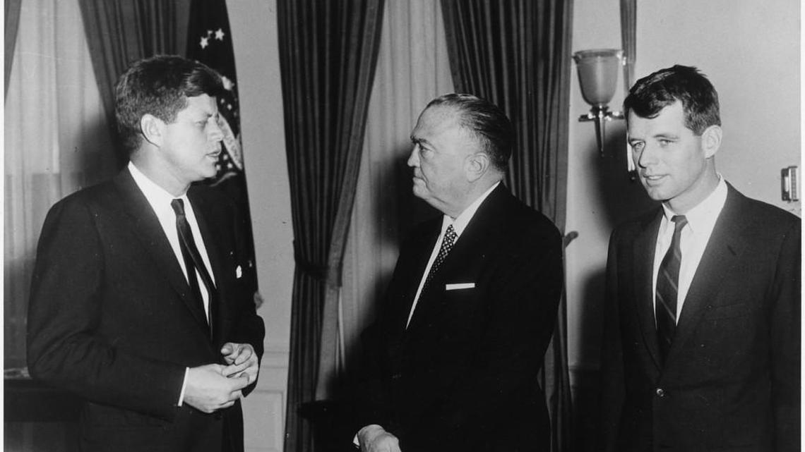 President John. F. Kennedy, Director of FBI J. Edgar Hoover and Attorney General Robert F. Kennedy.
