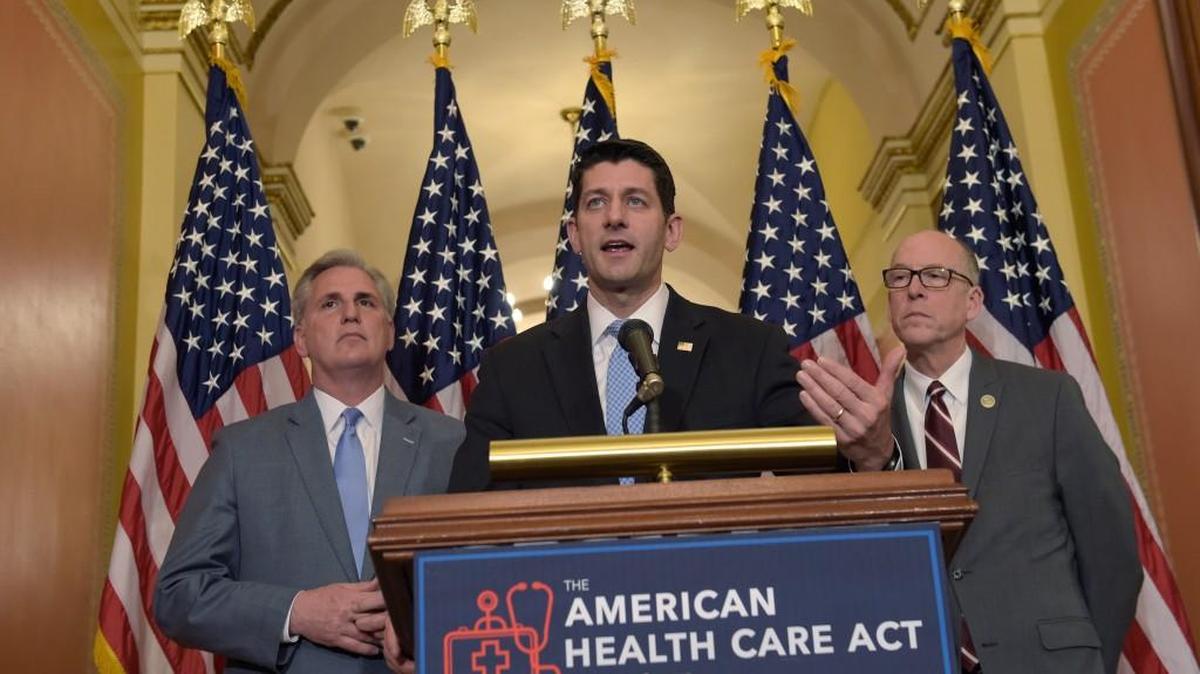 House Speaker Paul Ryan of Wis., center, standing with Energy and Commerce Committee Chairman Greg Walden, R-Ore., right, and House Majority Whip Kevin McCarthy, R-Calif., left, speaks during a news conference on the American Health Care Act on Capitol Hill in Washington, Tuesday, March 7, 2017.