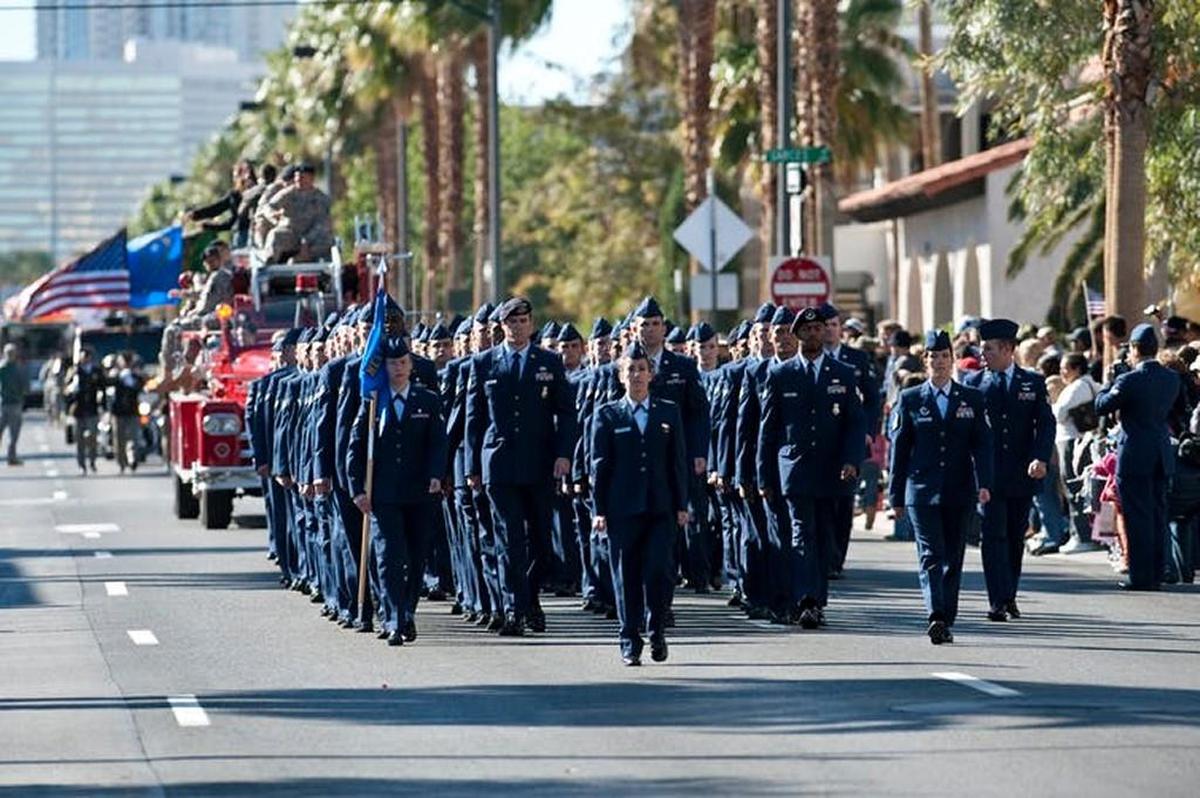Airmen from the Nellis Airman Leadership School march during the Las Vegas Veterans Day Parade.