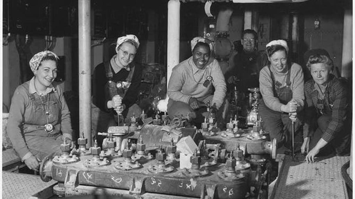 Women shipfitters working on board the USS Nereus at the U.S. Navy Yard in Mare Island, circa 1943.