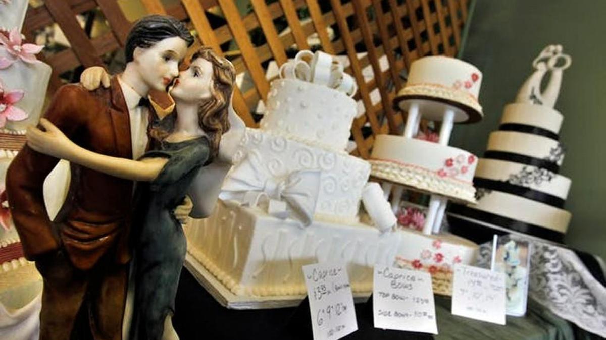 The wedding cake on display at Masterpiece Cakeshop.