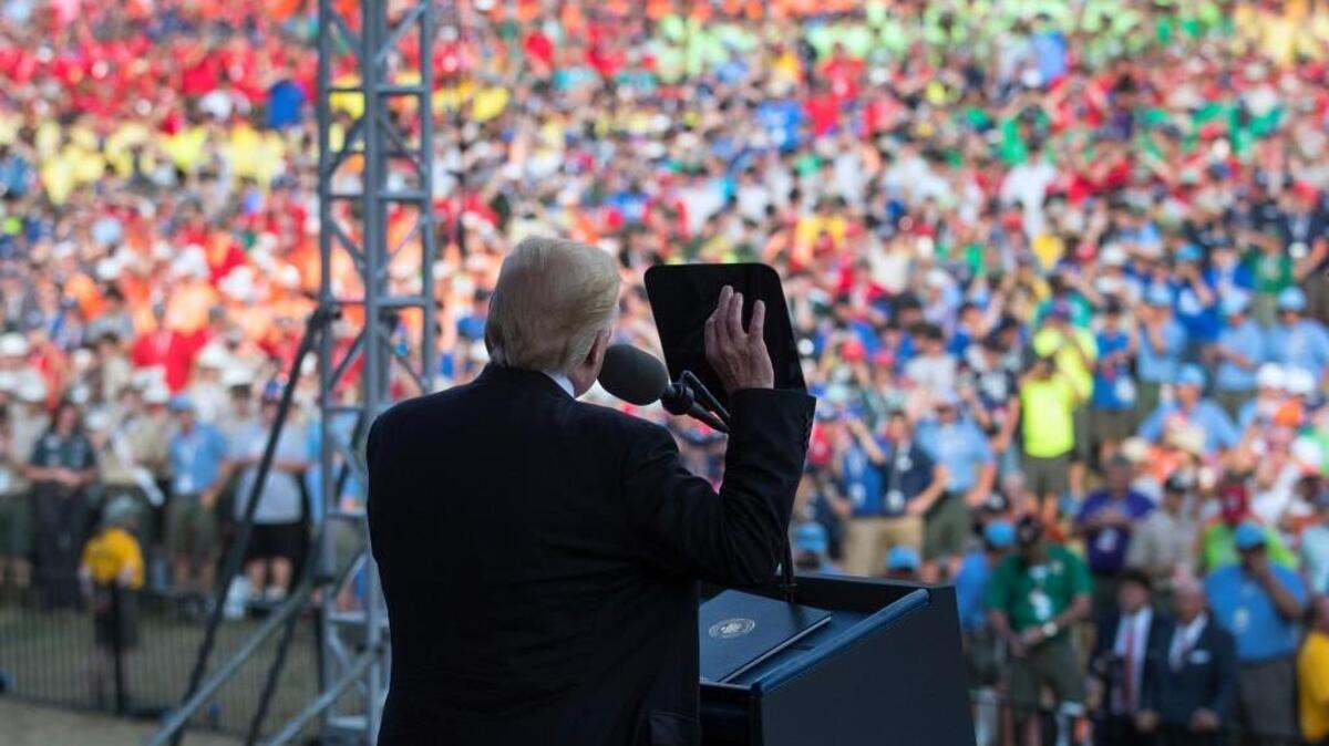 President Donald Trump speaks at the 2017 National Scout Jamboree in Glen Jean, W.Va., Monday, July 24, 2017.