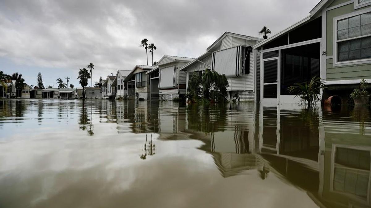 A mobile home community is flooded in the aftermath of Hurricane Irma in Everglades City, Fla., Monday, Sept. 11, 2017.