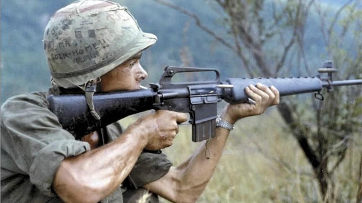 A U.S. soldier fires a Colt M16 in Vietnam in 1967.