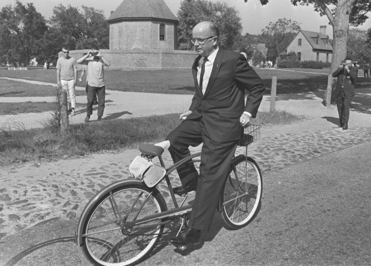 Georgia Gov. Lester Maddox rides a bicycle backward before the start of the 35th annual Southern Governors Conference in Williamsburg, Va., Sept. 15, 1969. Maddox, the restaurateur who became a symbol of segregationist defiance and then Georgia governor in a fluke election.