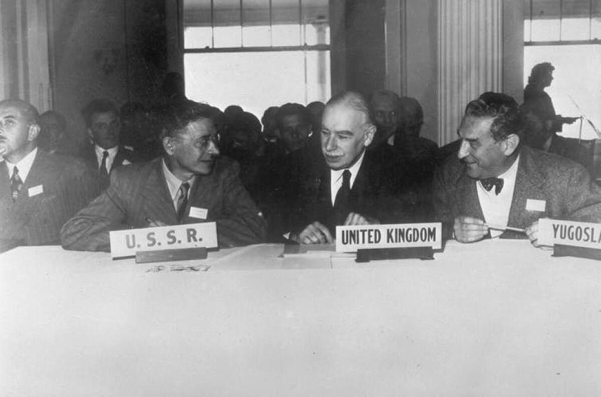Monetary Conference at Bretton Woods, New Hampshire in July 1944, attended by representatives of 44 nations, including M.S. Stepanov of Russia, Lord John Maynard Keynes and Vladimir Rybar of Yugoslavia.