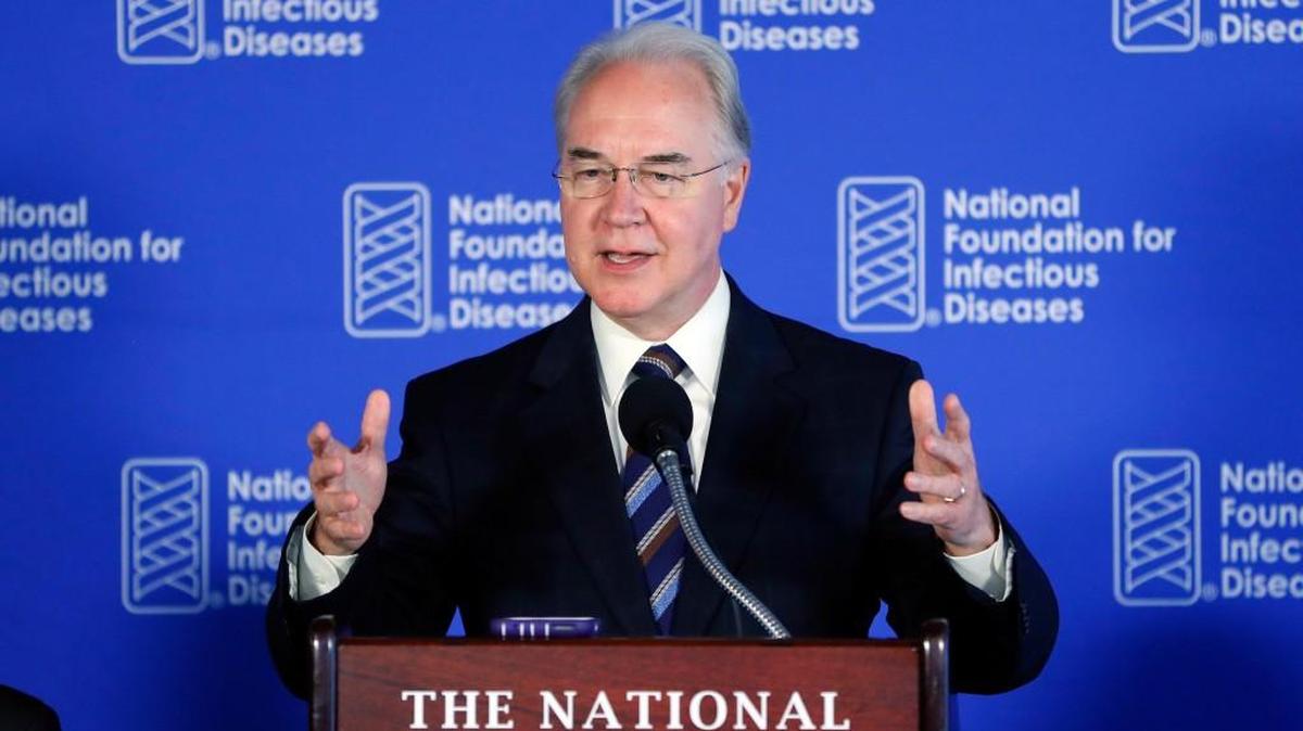 Health and Human Services Secretary Tom Price speaks during a National Foundation for Infectious Diseases 0n Thursday, Sept. 28, in Washington the day before President Trump accepted his resignation for racking up a private jet tab exceeding $400,000.