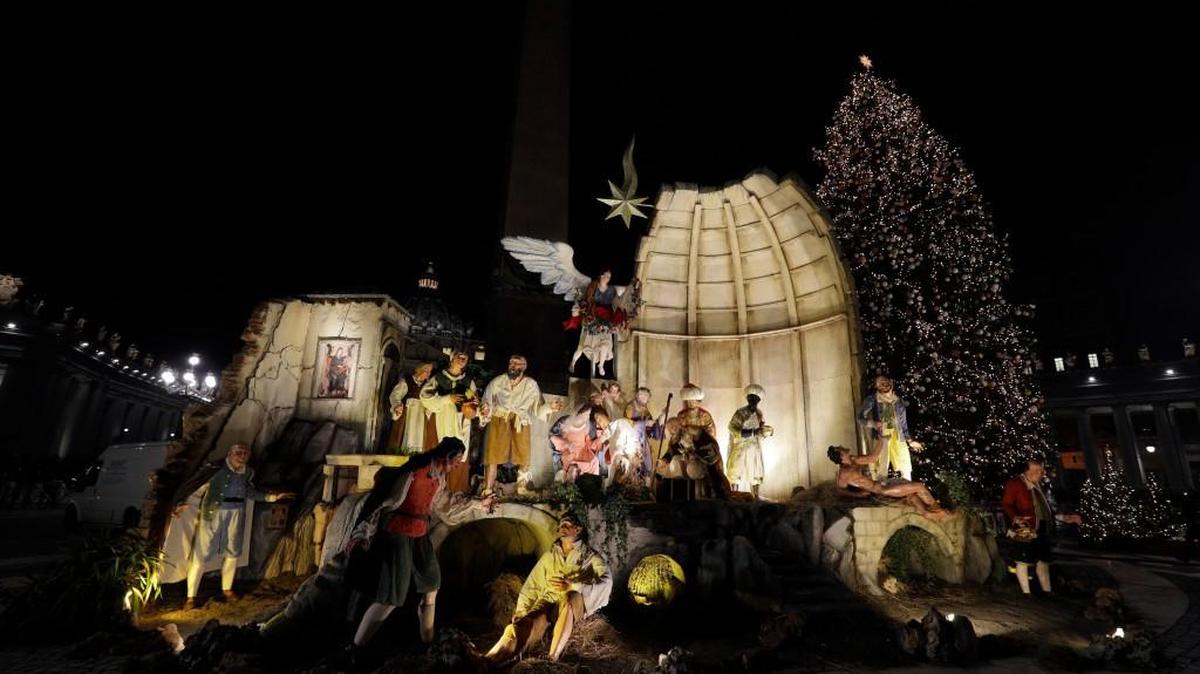 A view of the Nativity Scene that was set in St. Peter's Square at the Vatican, Thursday, Dec. 7, 2017 is a far cry from the scene 47 years ago on a Navajo Indian Reservation.