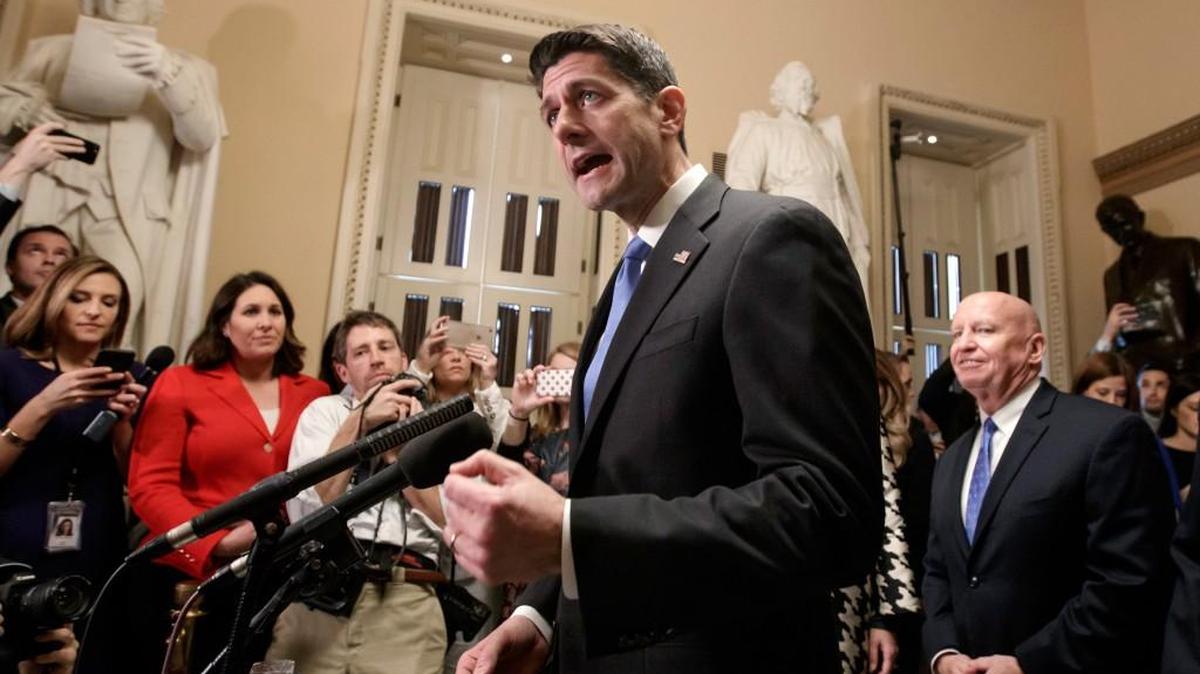 Speaker of the House Paul Ryan, R-Wis., joined at right by House Ways and Means Committee Chairman Kevin Brady, R-Texas, speaks after passing the Republican tax reform bill in the House of Representatives, on Capitol Hill, in Washington, Tuesday, Dec. 19, 2017. Republicans muscled the most sweeping rewrite of the nation's tax laws in more than three decades through the House. In a last-minute glitch, however, Democrats said three provisions in the bill, including one that would allow parents to use college savings accounts for home-schooling expenses for young children, violate Senate budget rules. House Majority Leader Kevin McCarthy, R-Calif., said the House would vote on the package again on Wednesday.