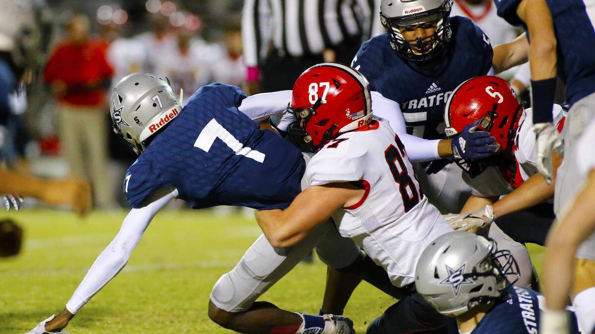 Stratford’s Keondre Glover rushes up the middle for a short gain with FPD’s Gavin Spillers bringing him down. Stratford Academy and FPD announced Wednesday they, along with four other private schools, plan to leave the GHSA for the GISA.