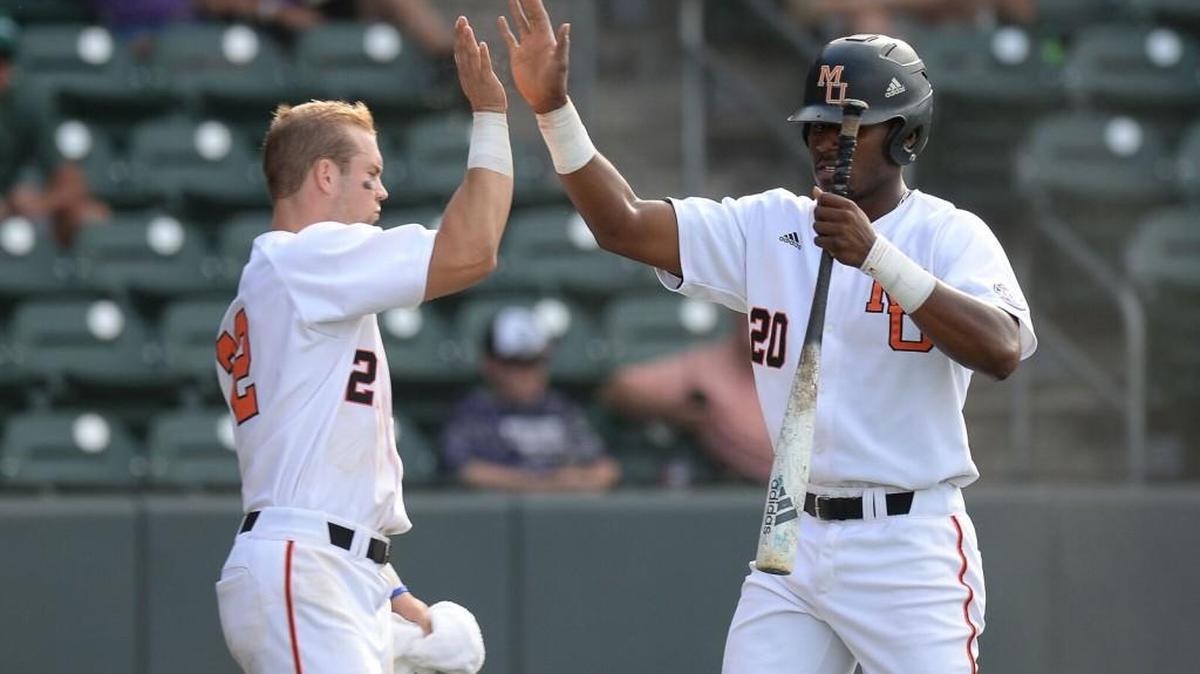 Blaise Lezynski high-fives Kyle Lewis after Lewis’ first-inning home run in the Bears’ 6-1 win over Furman.