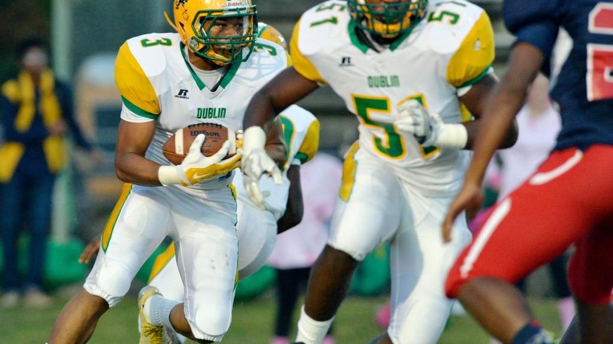Dublin running back Ramon Pittman (3) and offensive lineman Lavonta Walden look for a momentum-building win at Washington County. Both teams are in the Class 2A playoffs.