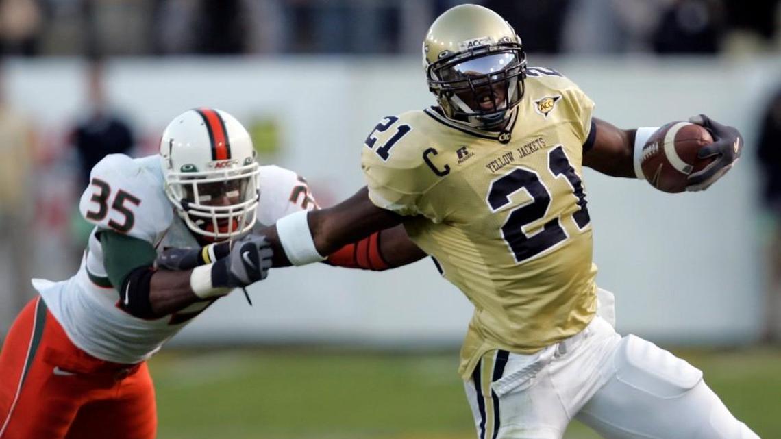 Calvin Johnson (21) was a star at Georgia Tech before spending his entire NFL career with Detroit.