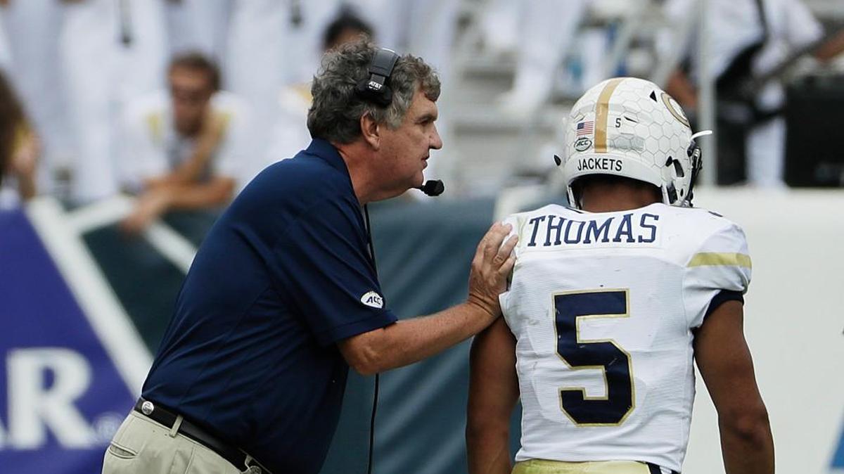 Georgia Tech head coach Paul Johnson, left, quarterback Justin Thomas and the Yellow Jackets are 4-3 overall.