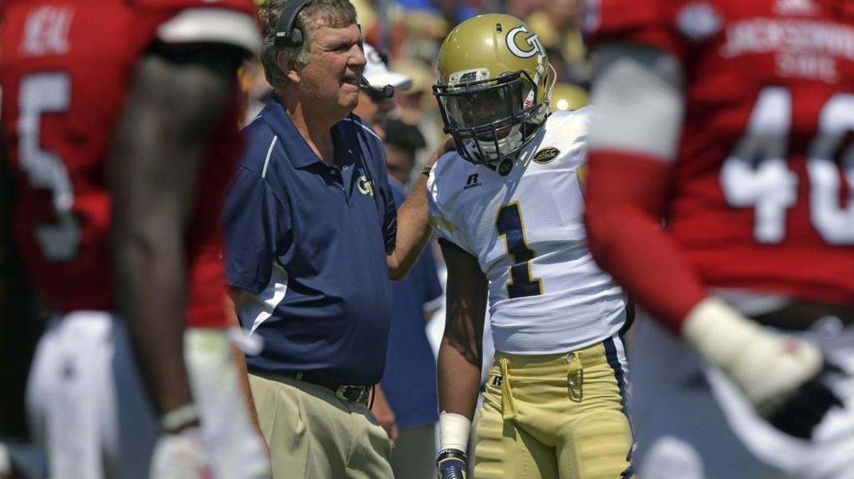 Georgia Tech head coach Paul Johnson instructs running back Qua Searcy (1) during the first half of an NCAA college football game against Jacksonville State, Saturday, Sept. 9, 2017 in Atlanta. Georgia Tech defeated Jacksonville State 37-10.