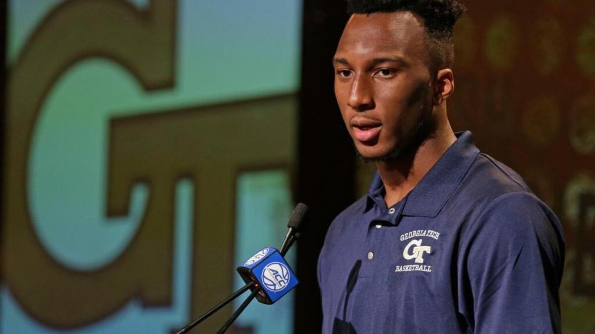 Georgia Tech’s Josh Okogie answers a question during the Atlantic Coast Conference men’s NCAA college basketball media day in Charlotte, North Carolina, on Oct. 25, 2017. Okogie and teammate Tadric Jackson will be withheld from regular-season competition pending resolution of violations that the school self-reported.