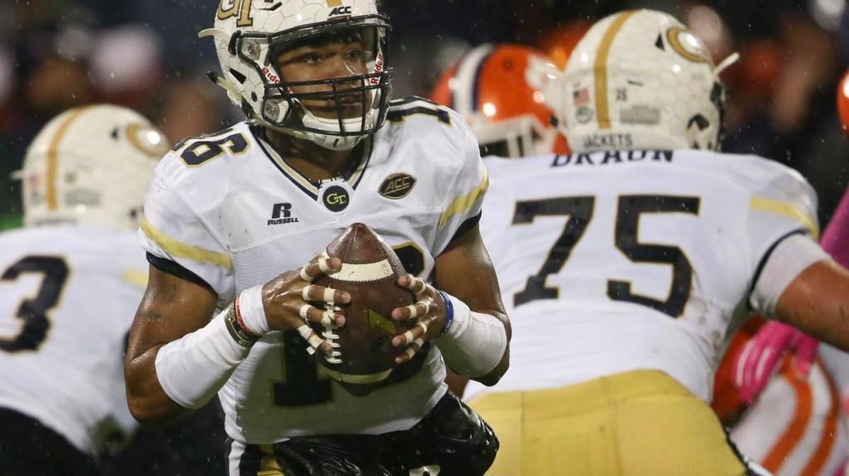Georgia Tech quarterback TaQuon Marshall (16) drops to pass against Clemson in the first half of their game Oct. 28 in Clemson, South Carolina.