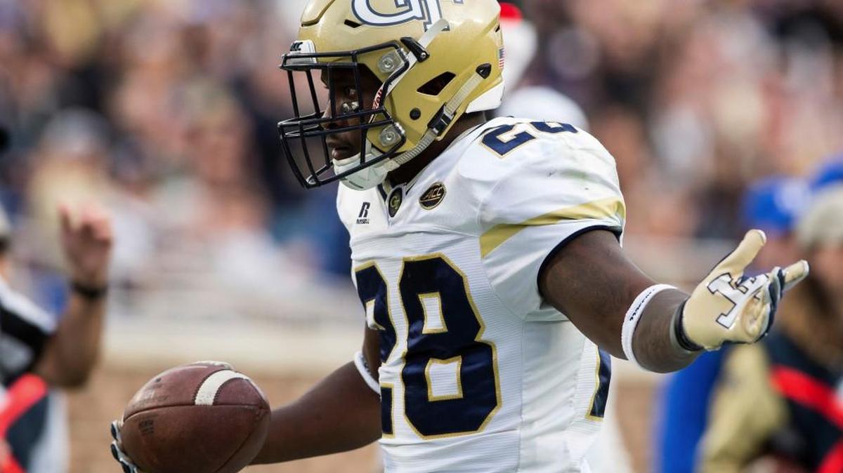 Georgia Tech’s J.J. Green celebrates as he scores a touchdown during the first half of an NCAA college football game against Duke in Durham, N.C., Nov. 18.