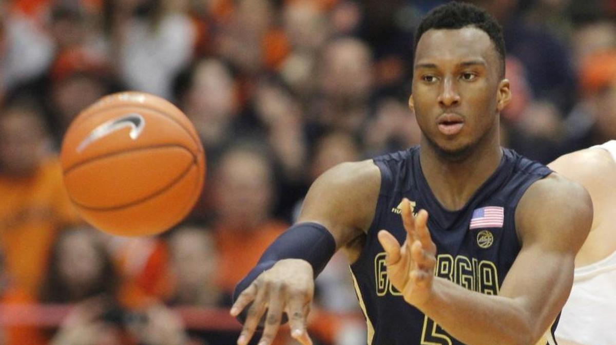 Georgia Tech's Josh Okogie passes the ball in the second half of an NCAA college basketball game against Syracuse in Syracuse, N.Y., Saturday, March 4, 2017. Syracuse won 90-61.