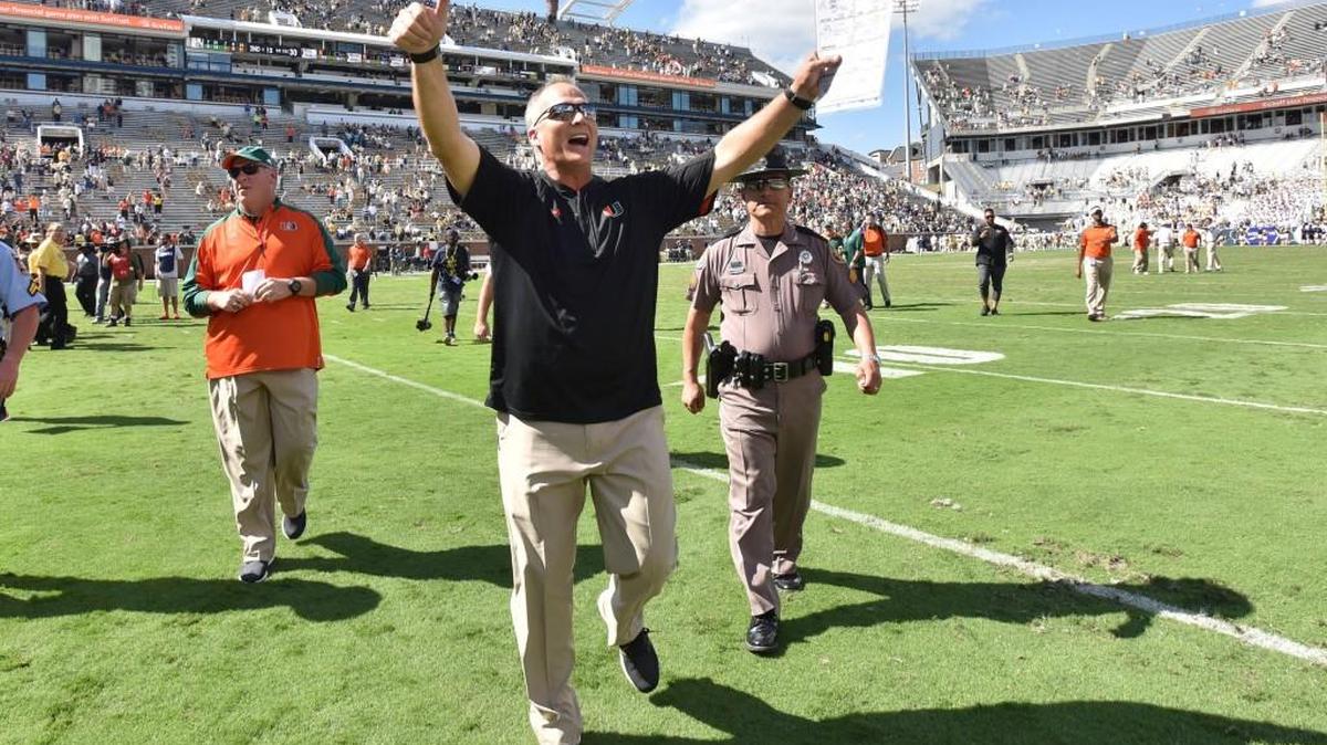 Miami head coach Mark Richt celebrates after the Hurricanes’ victory Saturday at Georgia Tech.