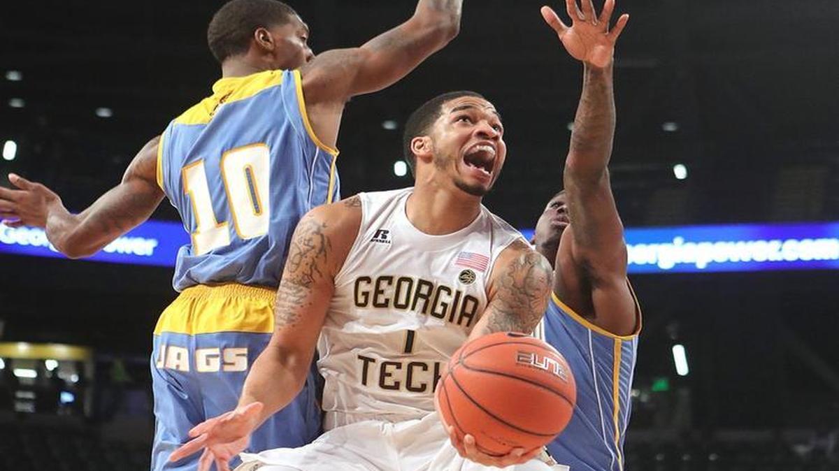 Georgia Tech guard Tadric Jackson (1) soars to the basket past Southern guard Shawn Prudhomme on Monday in Atlanta.